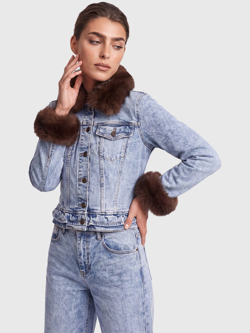 Jeansjacke mit abnehmbarem Fellimitatkragen | acid wash-braun image 1