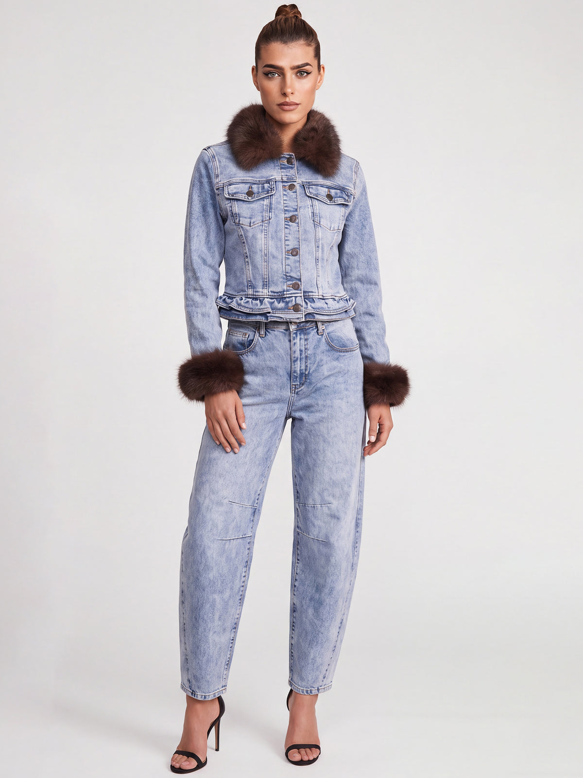 Jeansjacke mit abnehmbarem Fellimitatkragen | acid wash-braun