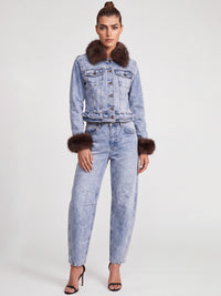 Jeansjacke mit abnehmbarem Fellimitatkragen | acid wash-braun