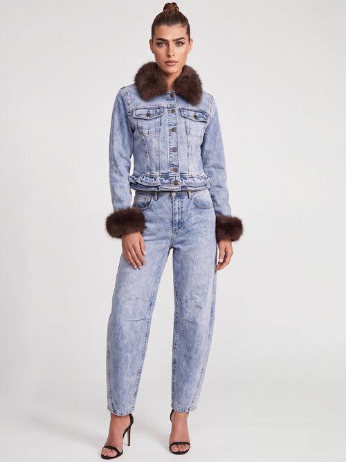 Jeansjacke mit abnehmbarem Fellimitatkragen | acid wash-braun image 1