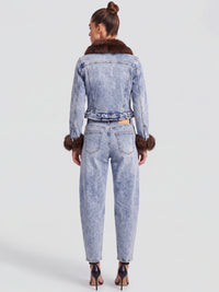 Jeansjacke mit abnehmbarem Fellimitatkragen | acid wash-braun
