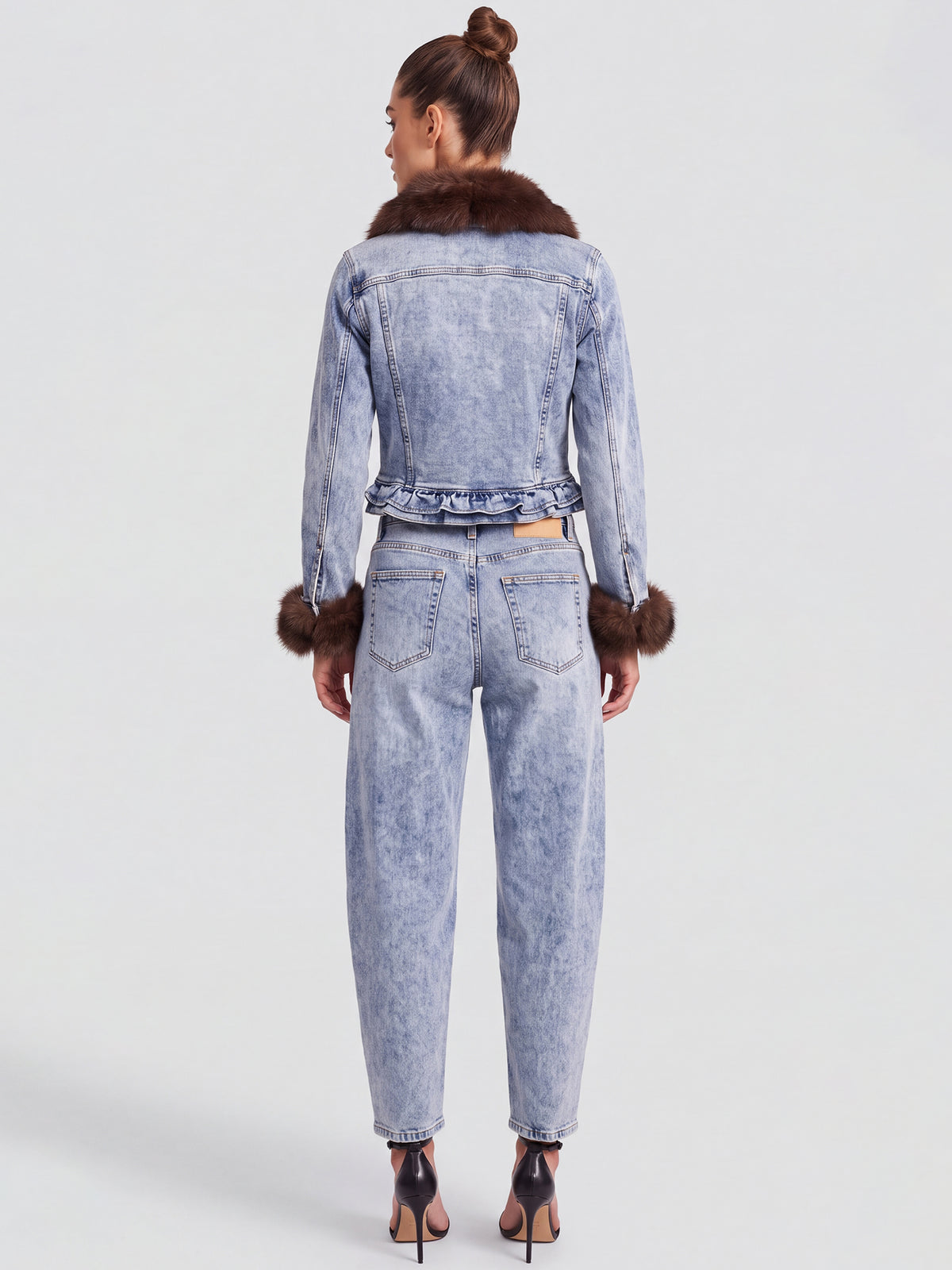 Jeansjacke mit abnehmbarem Fellimitatkragen | acid wash-braun