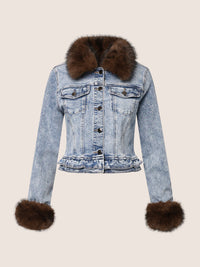 Jeansjacke mit abnehmbarem Fellimitatkragen | acid wash-braun