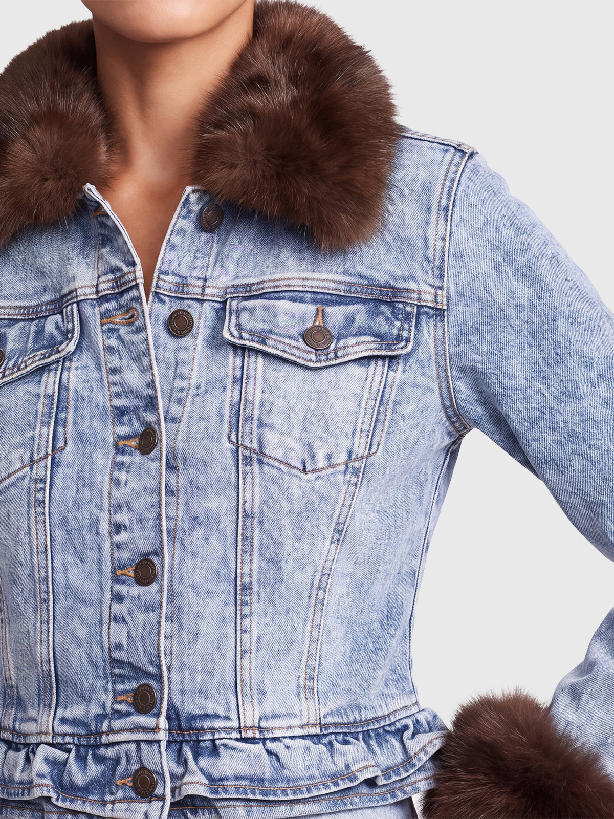 Jeansjacke mit abnehmbarem Fellimitatkragen | acid wash-braun