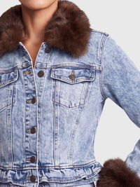 Jeansjacke mit abnehmbarem Fellimitatkragen | acid wash-braun