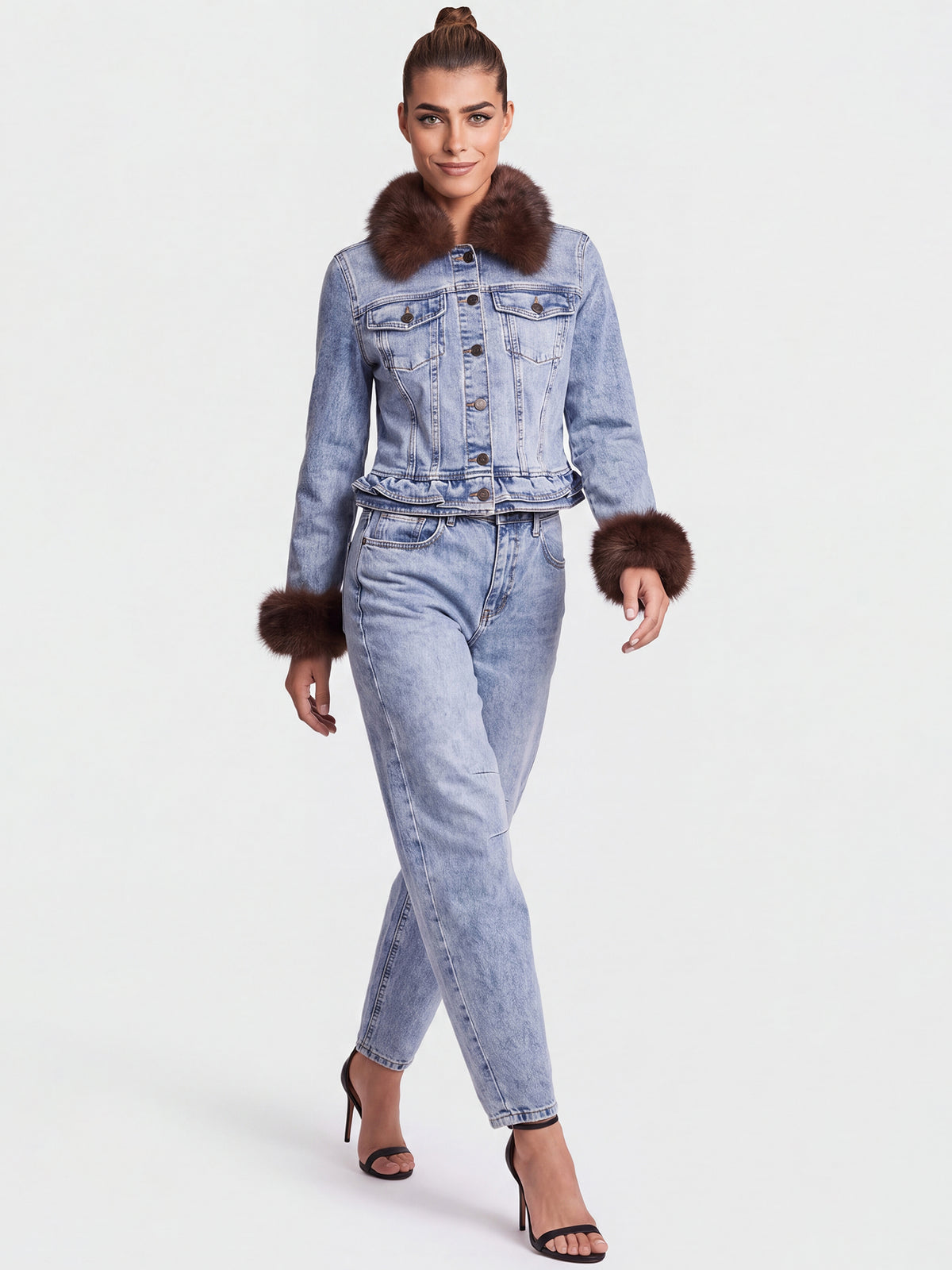 Jeansjacke mit abnehmbarem Fellimitatkragen | acid wash-braun