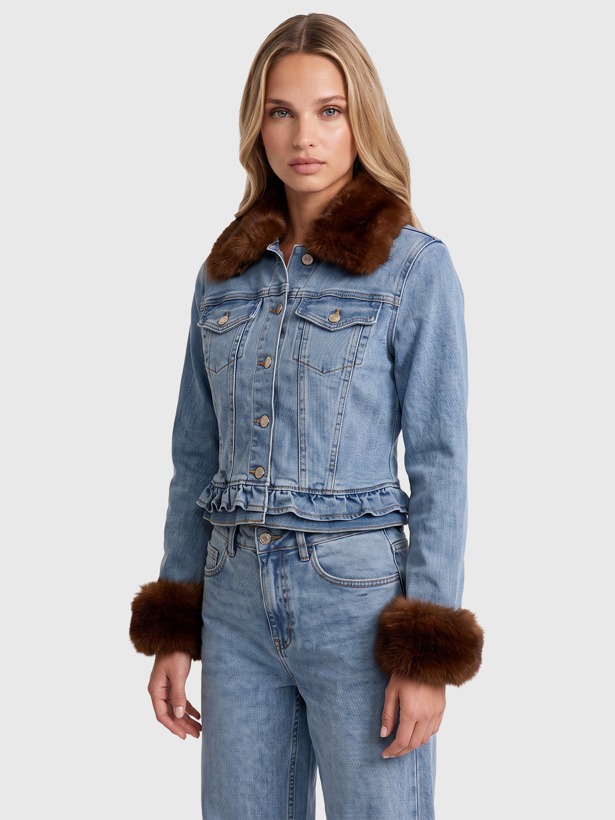 Jeansjacke mit abnehmbarem Fellimitatkragen | hellblau-braun