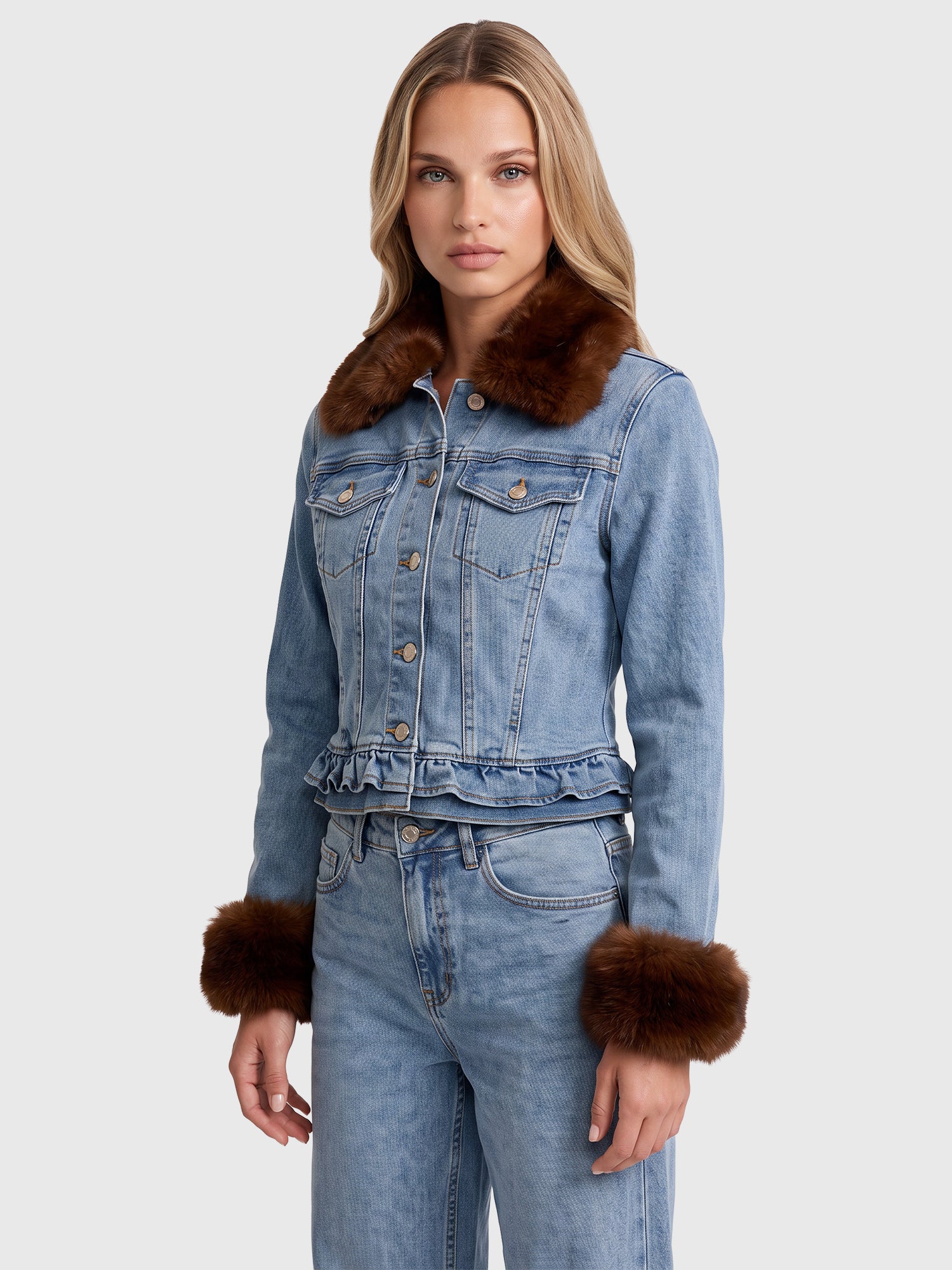 Jeansjacke mit abnehmbarem Fellimitatkragen | hellblau-braun