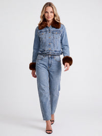 Jeansjacke mit abnehmbarem Fellimitatkragen | hellblau-braun