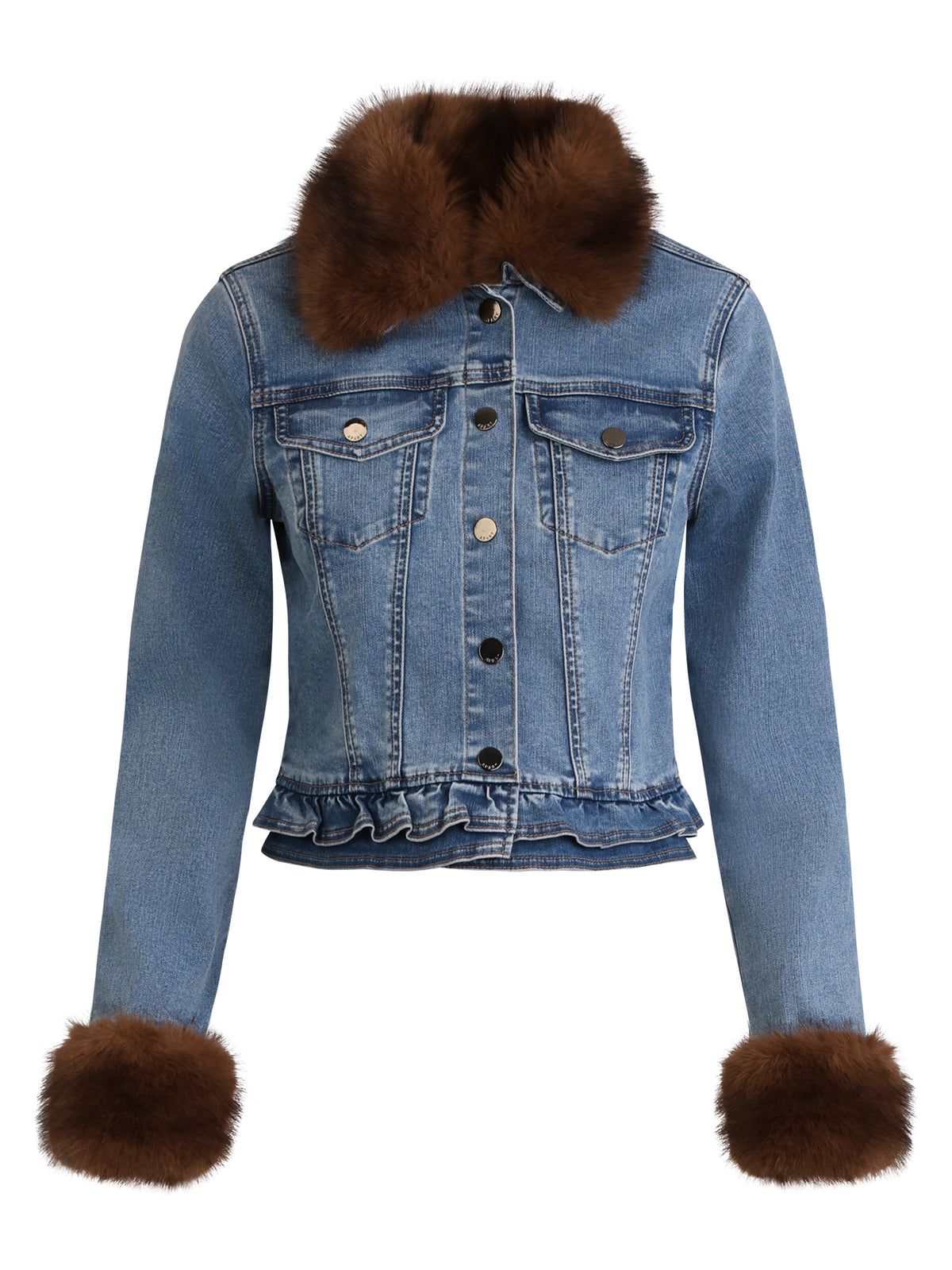 Jeansjacke mit abnehmbarem Fellimitatkragen | hellblau-braun