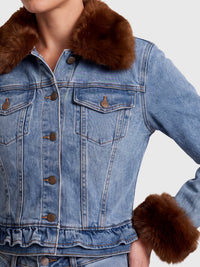 Jeansjacke mit abnehmbarem Fellimitatkragen | hellblau-braun