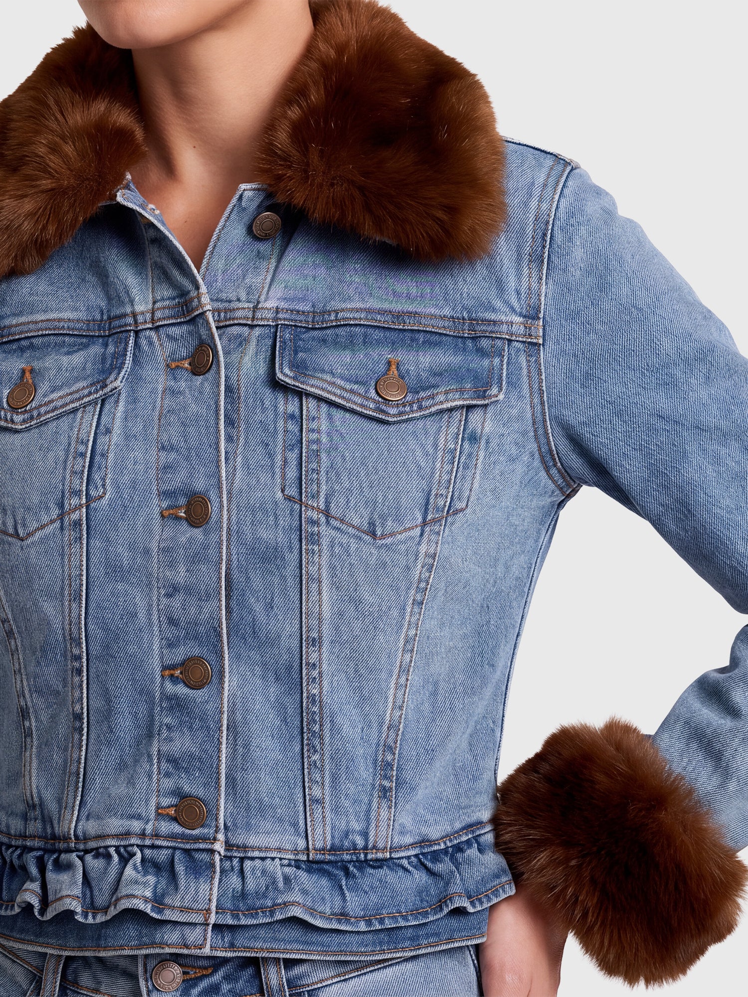 Jeansjacke mit abnehmbarem Fellimitatkragen | hellblau-braun