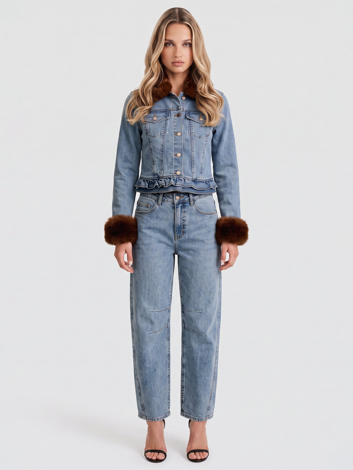 Jeansjacke mit abnehmbarem Fellimitatkragen | hellblau-braun