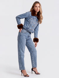 Jeansjacke mit abnehmbarem Fellimitatkragen | hellblau-braun