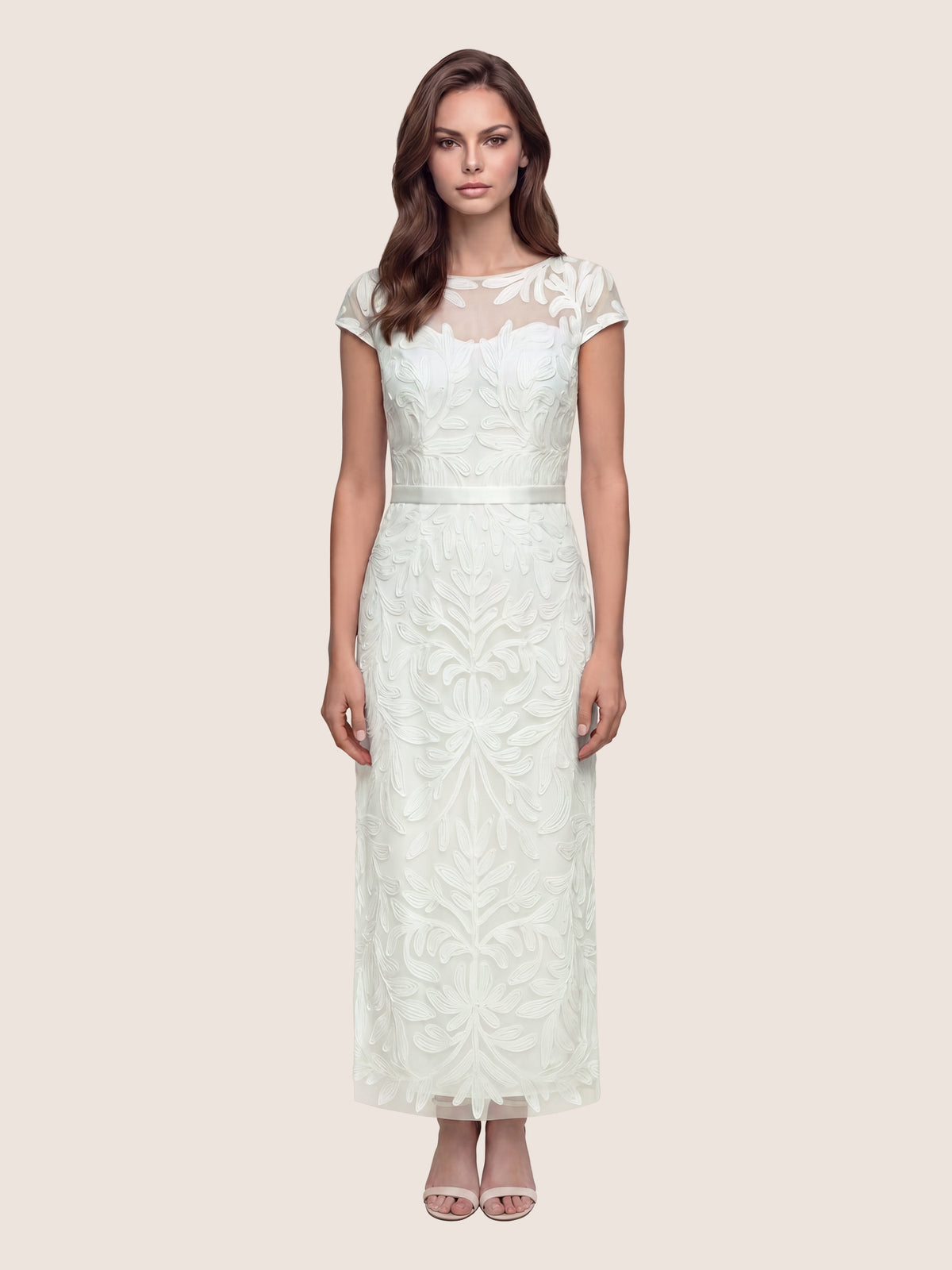 Meshkleid mit Stickerei und Satinband | creme