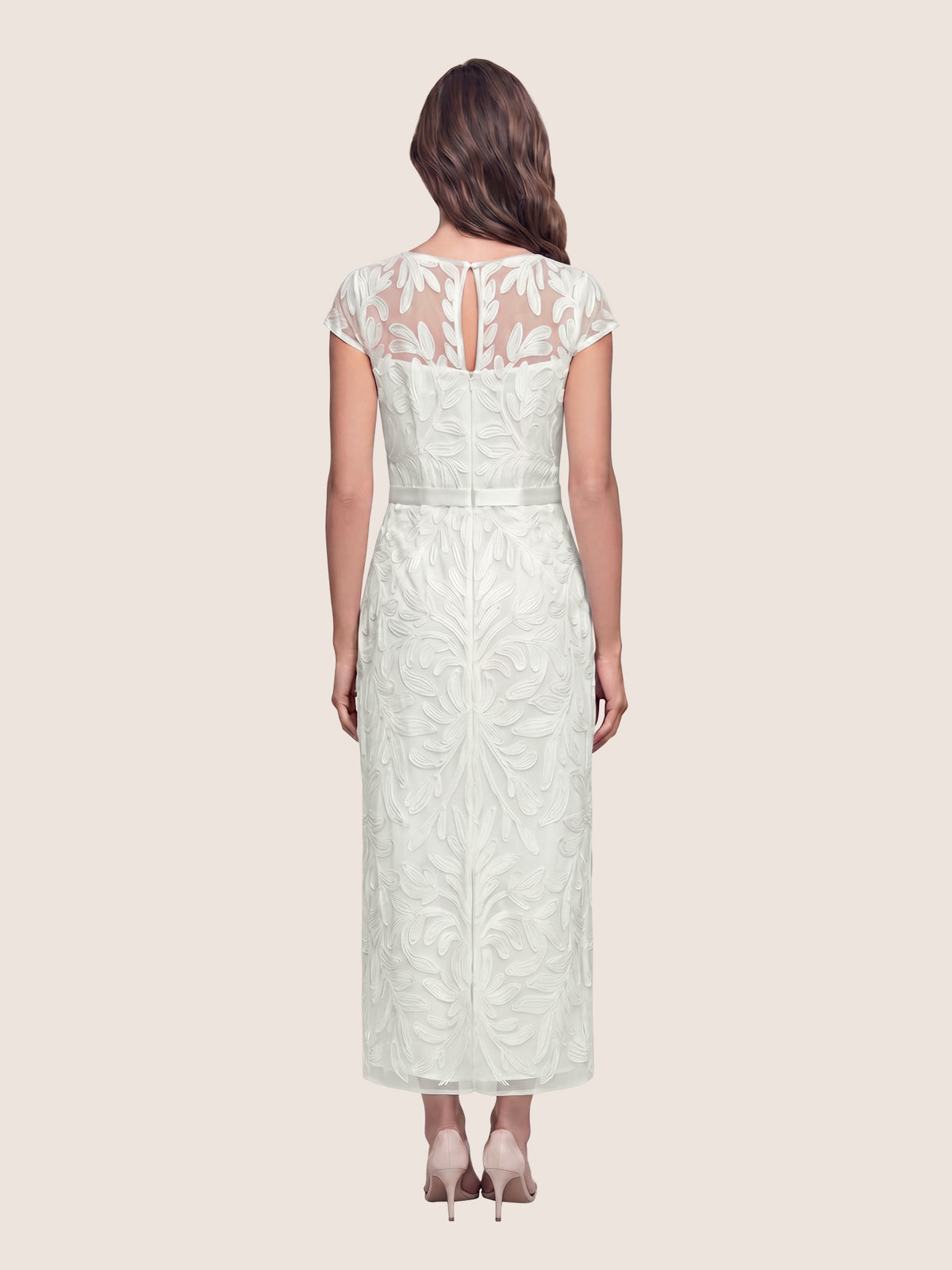 Meshkleid mit Stickerei und Satinband | creme