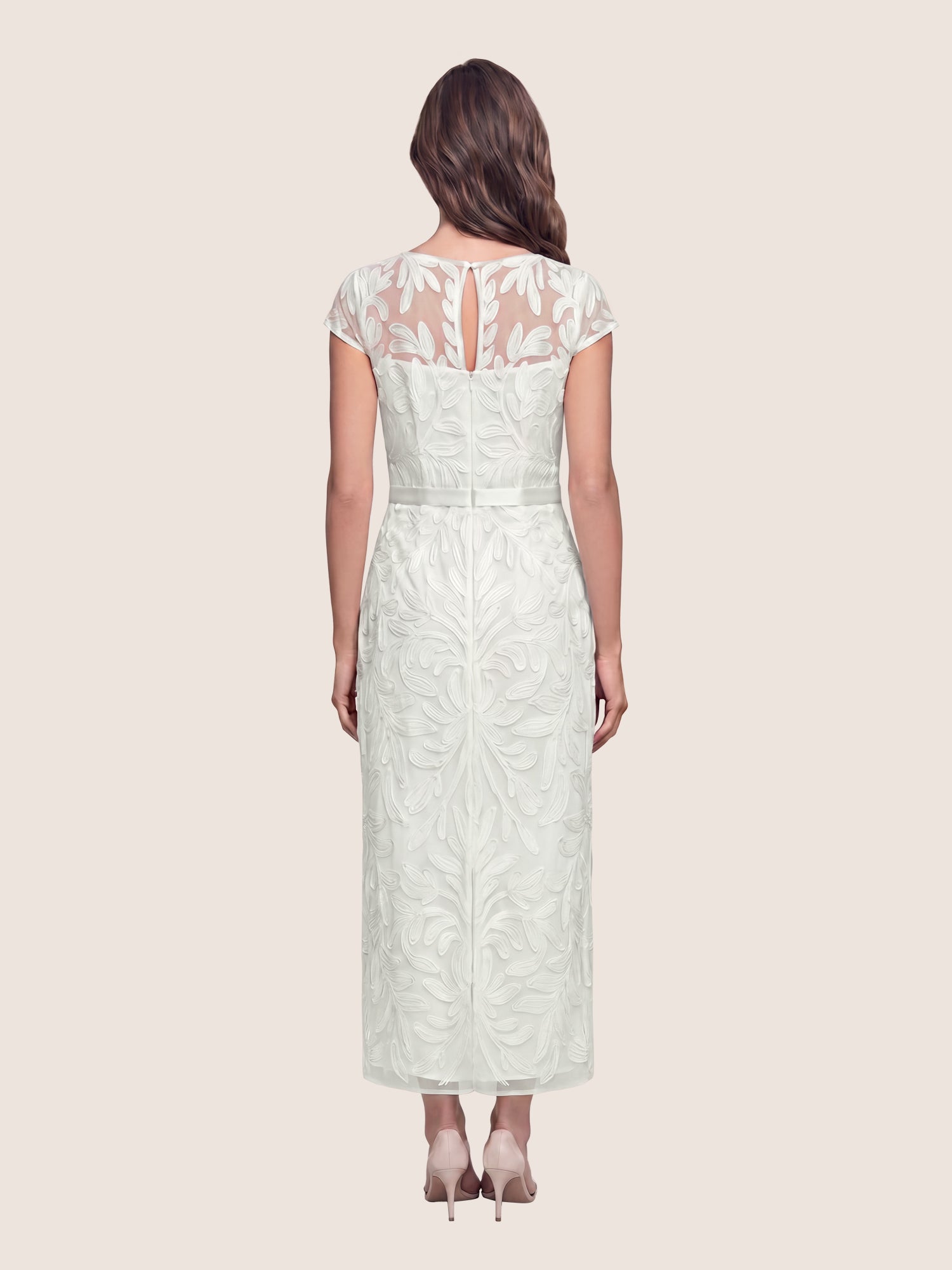 Meshkleid mit Stickerei und Satinband | creme