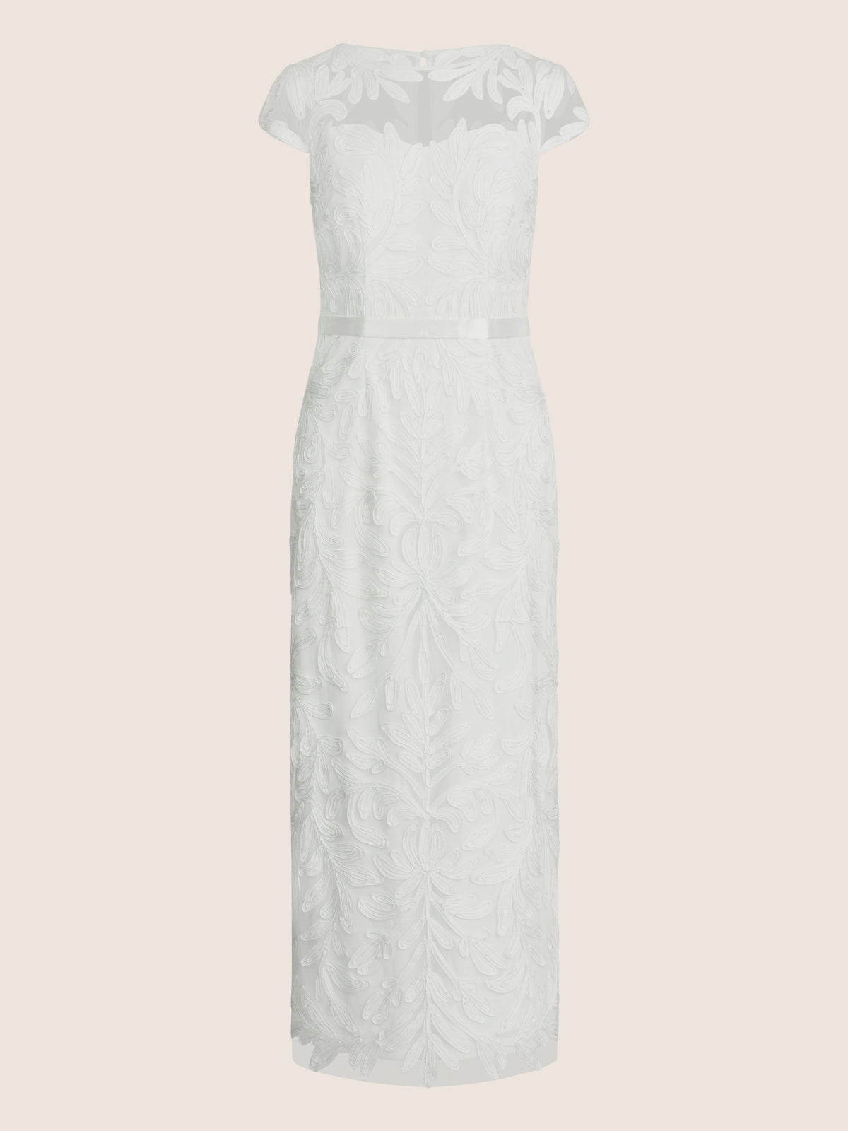 Meshkleid mit Stickerei und Satinband | creme