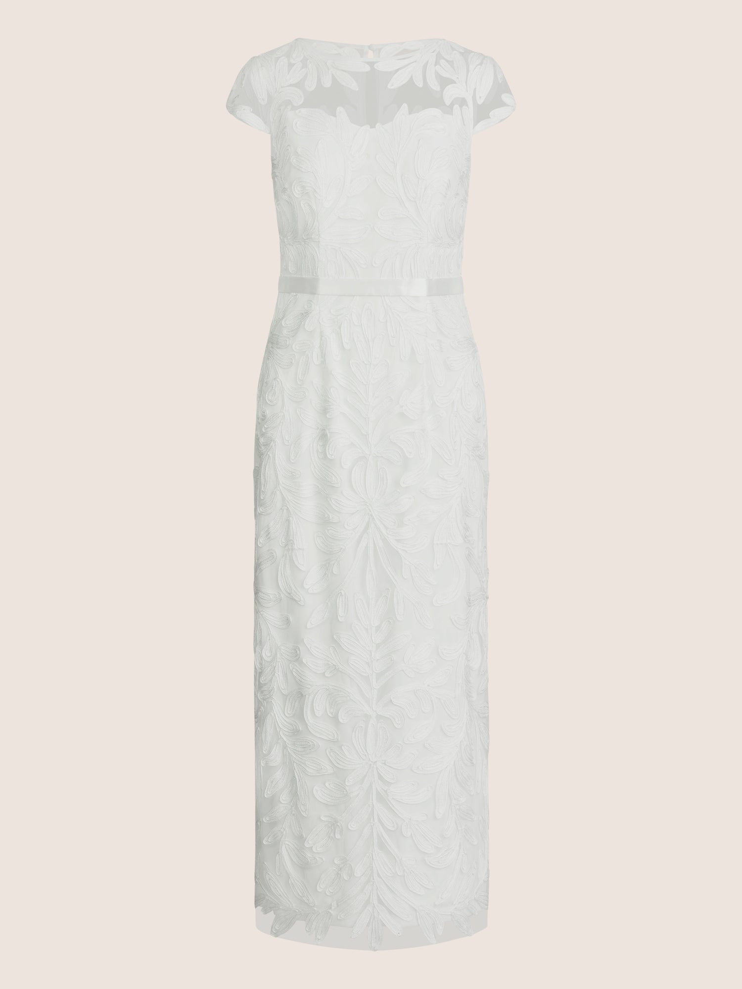 Meshkleid mit Stickerei und Satinband | creme