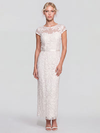 Meshkleid mit Stickerei und Satinband | creme
