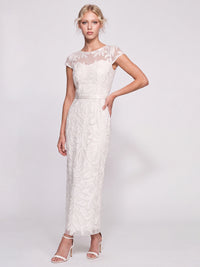 Meshkleid mit Stickerei und Satinband | creme
