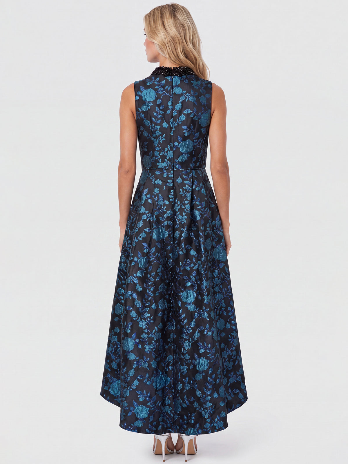 Ärmelloses Jacquard-Abendkleid mit Blüten- und Blättermuster | schwarz-petrol