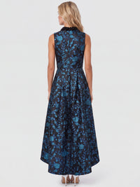 Ärmelloses Jacquard-Abendkleid mit Blüten- und Blättermuster | schwarz-petrol