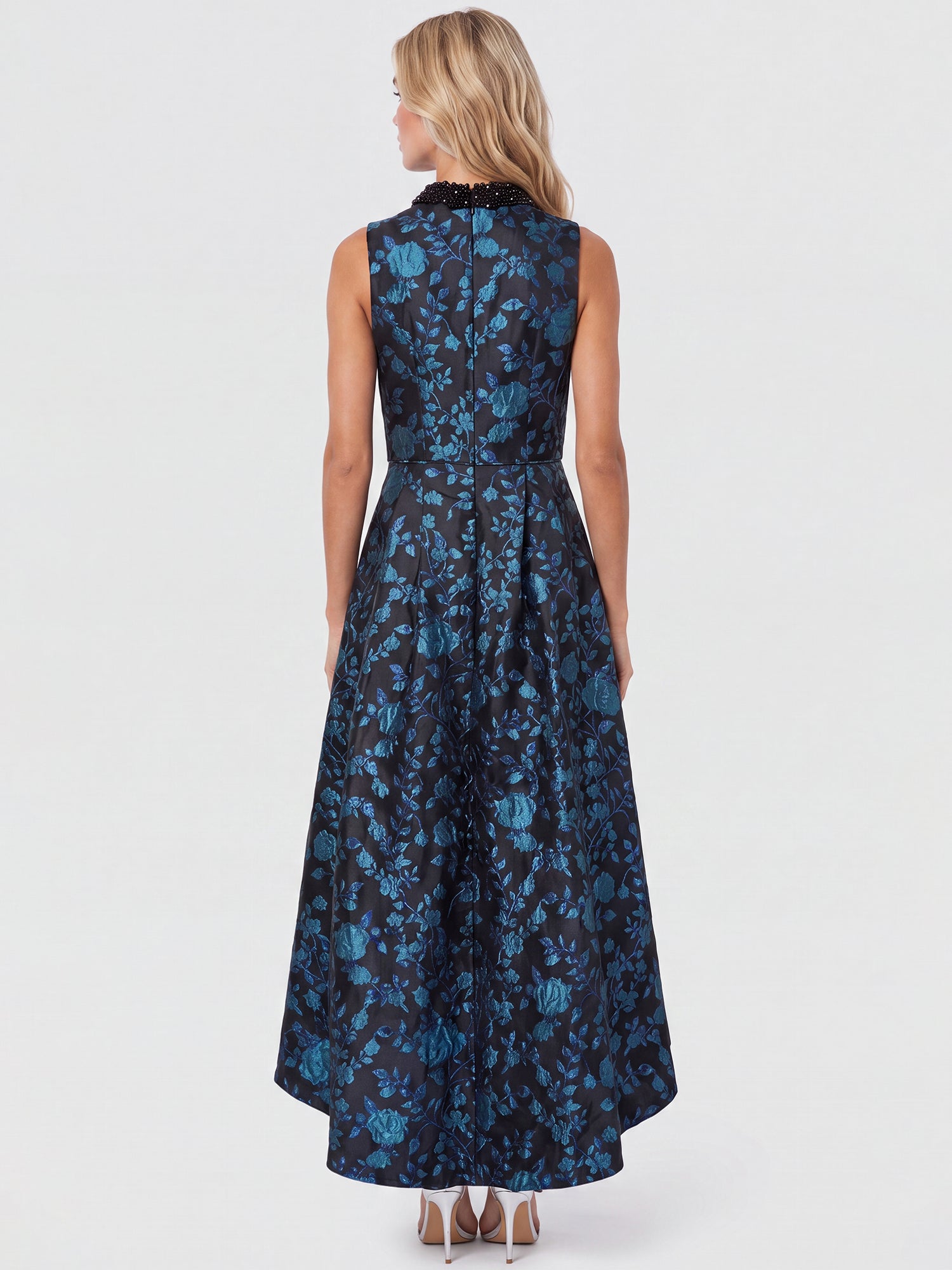 Ärmelloses Jacquard-Abendkleid mit Blüten- und Blättermuster | schwarz-petrol