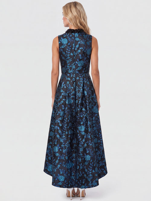 Ärmelloses Jacquard-Abendkleid mit Blüten- und Blättermuster | schwarz-petrol image 1
