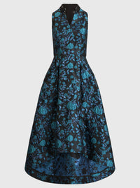 Ärmelloses Jacquard-Abendkleid mit Blüten- und Blättermuster | schwarz-petrol