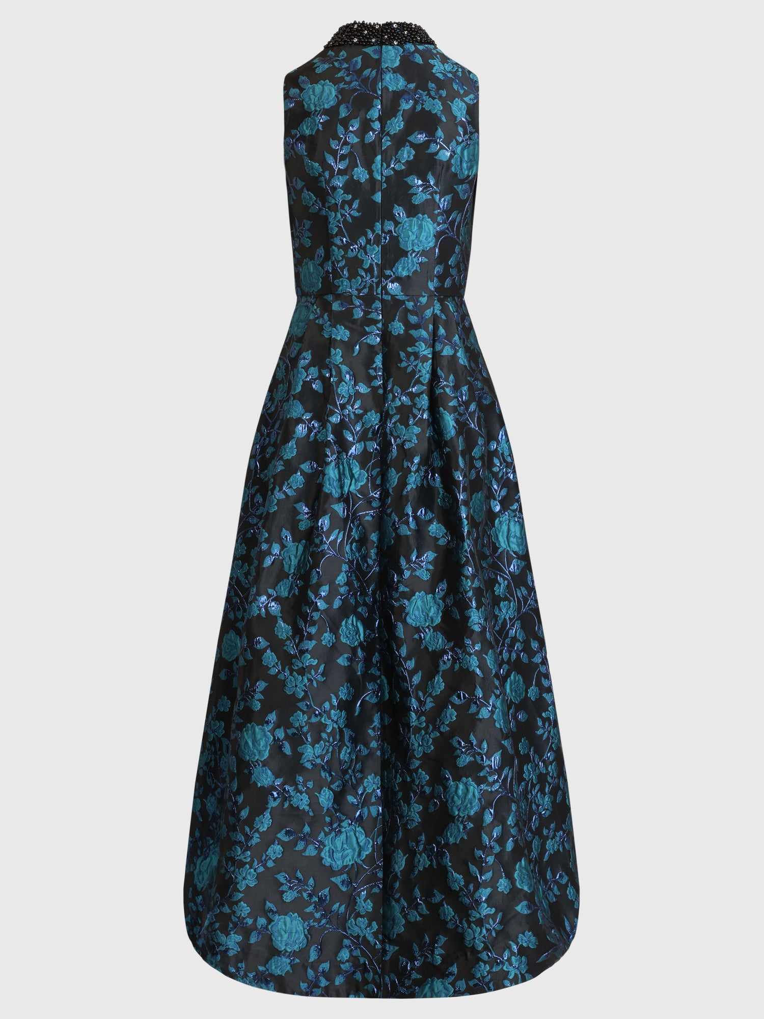 Ärmelloses Jacquard-Abendkleid mit Blüten- und Blättermuster | schwarz-petrol