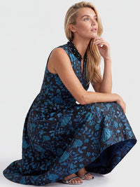 Ärmelloses Jacquard-Abendkleid mit Blüten- und Blättermuster | schwarz-petrol