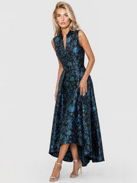 Ärmelloses Jacquard-Abendkleid mit Blüten- und Blättermuster | schwarz-petrol