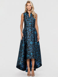 Ärmelloses Jacquard-Abendkleid mit Blüten- und Blättermuster | schwarz-petrol