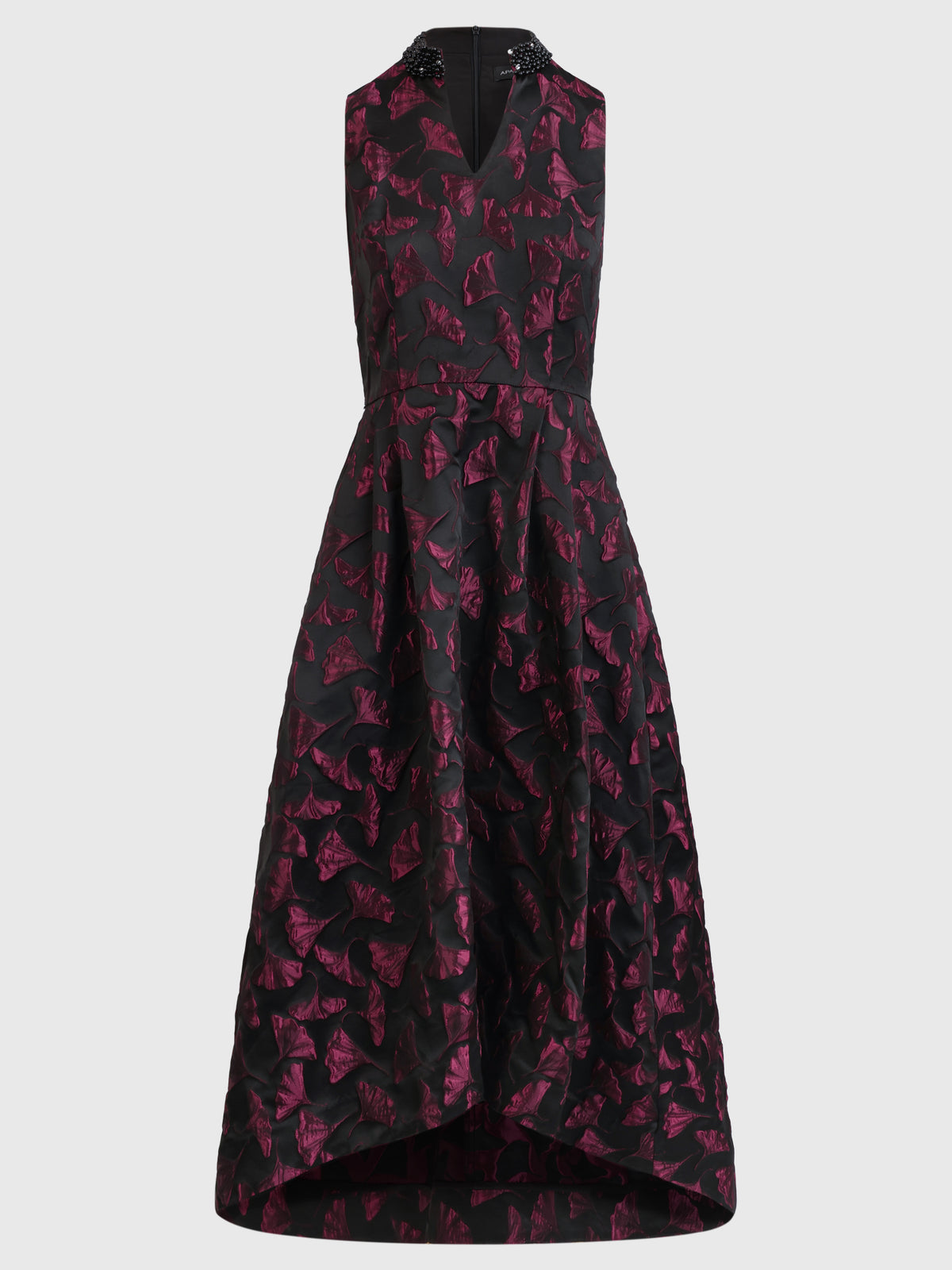Ärmelloses Jacquard-Abendkleid mit Blüten- und Blättermuster | schwarz-weinrot