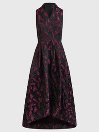 Ärmelloses Jacquard-Abendkleid mit Blüten- und Blättermuster | schwarz-weinrot