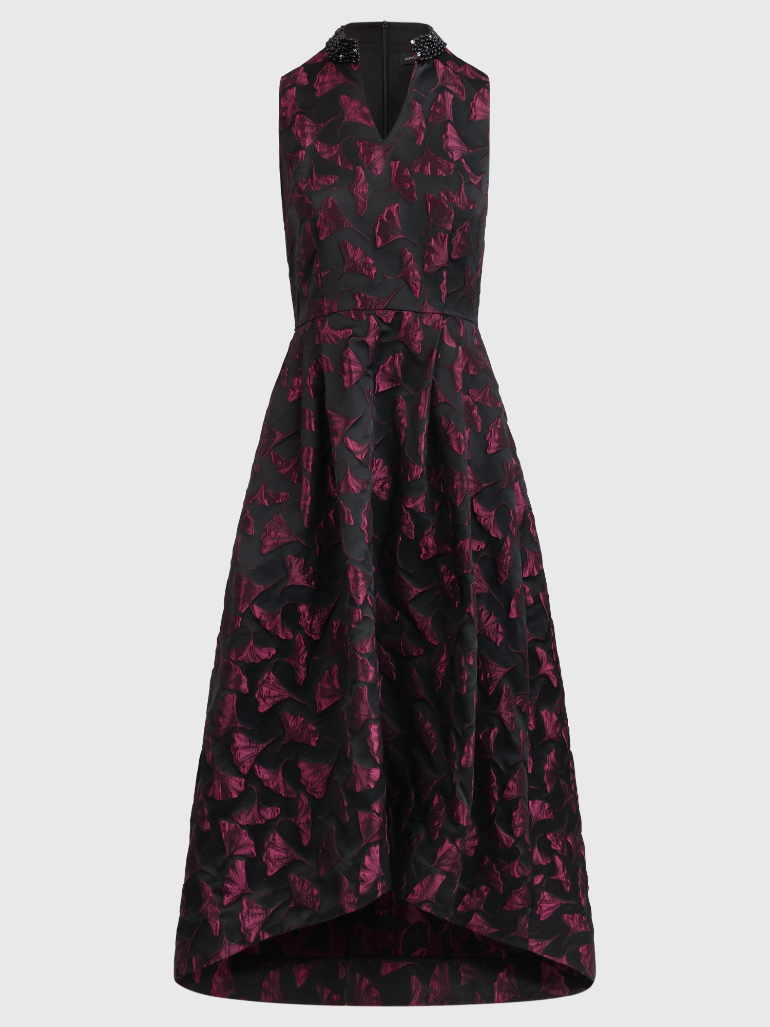 Ärmelloses Jacquard-Abendkleid mit Blüten- und Blättermuster | schwarz-weinrot