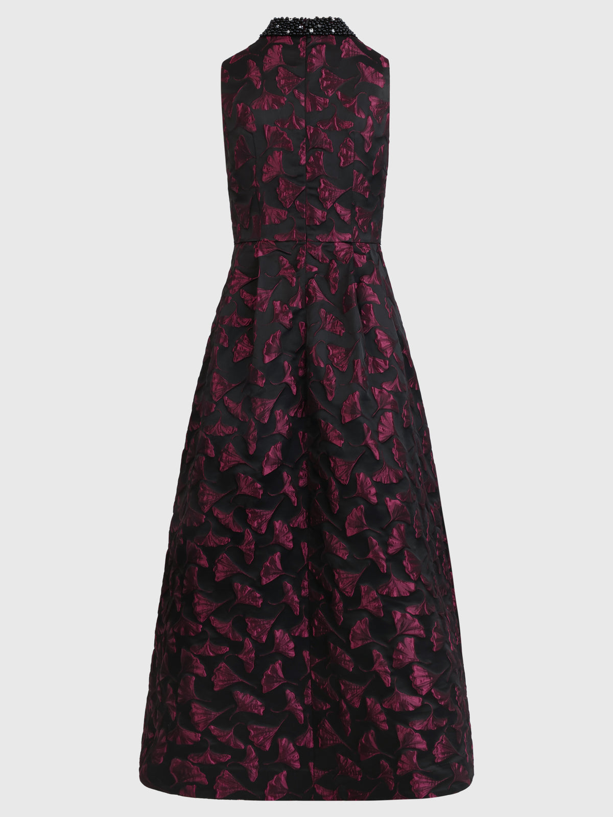 Ärmelloses Jacquard-Abendkleid mit Blüten- und Blättermuster | schwarz-weinrot