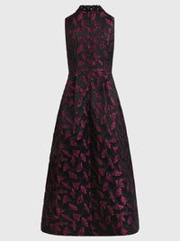 Ärmelloses Jacquard-Abendkleid mit Blüten- und Blättermuster | schwarz-weinrot