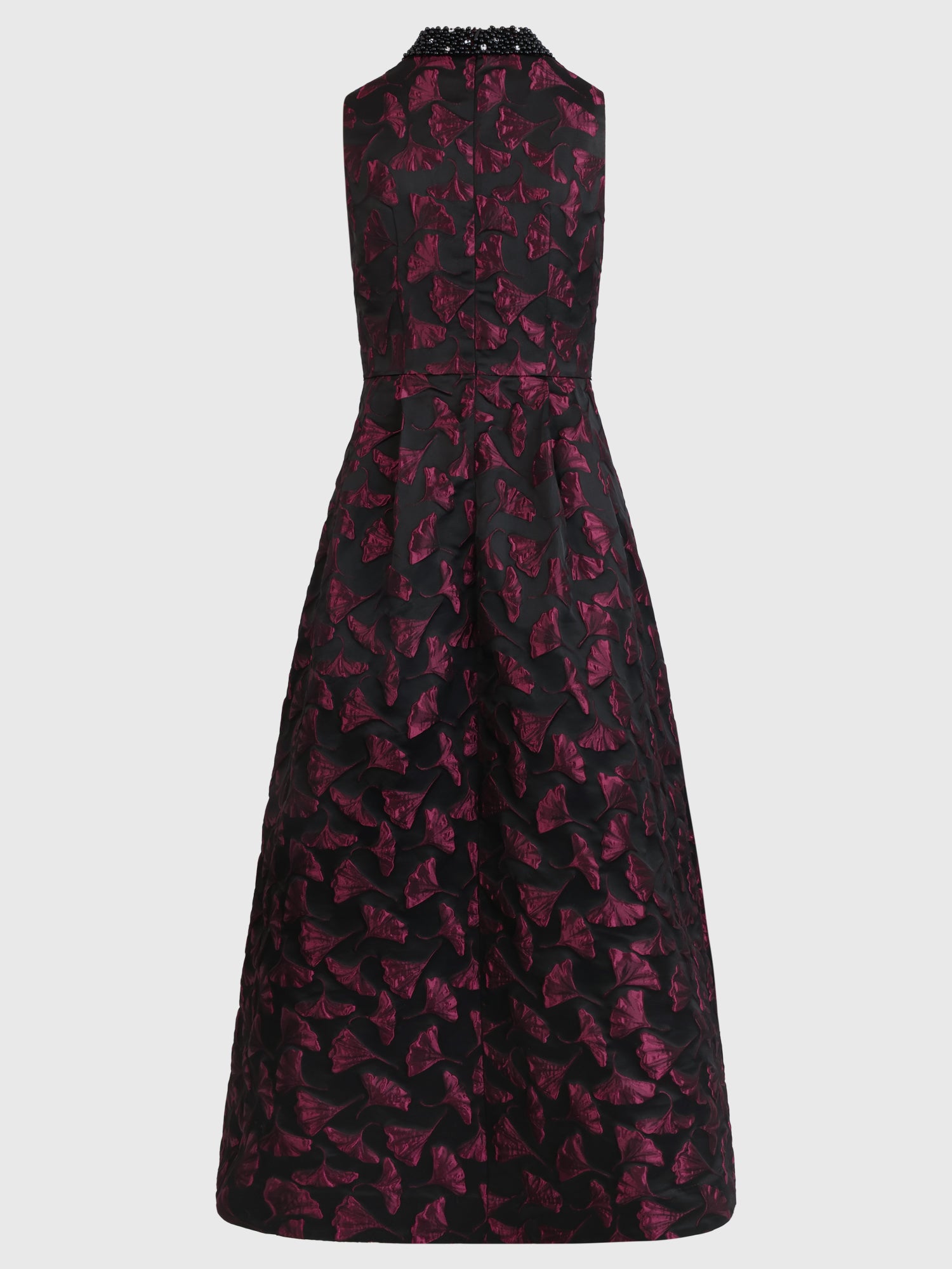 Ärmelloses Jacquard-Abendkleid mit Blüten- und Blättermuster | schwarz-weinrot