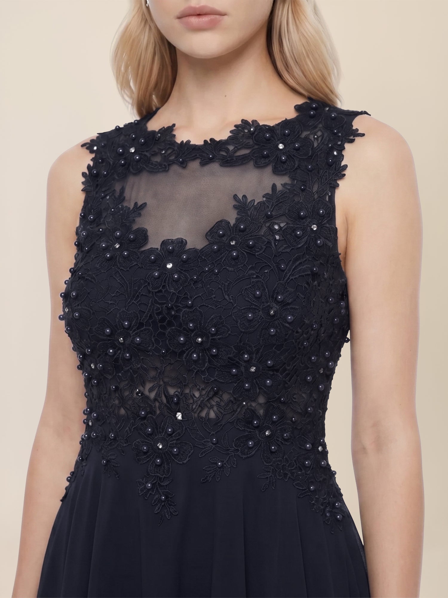 Brautkleid mit floraler Spitze und Chiffon | nachtblau