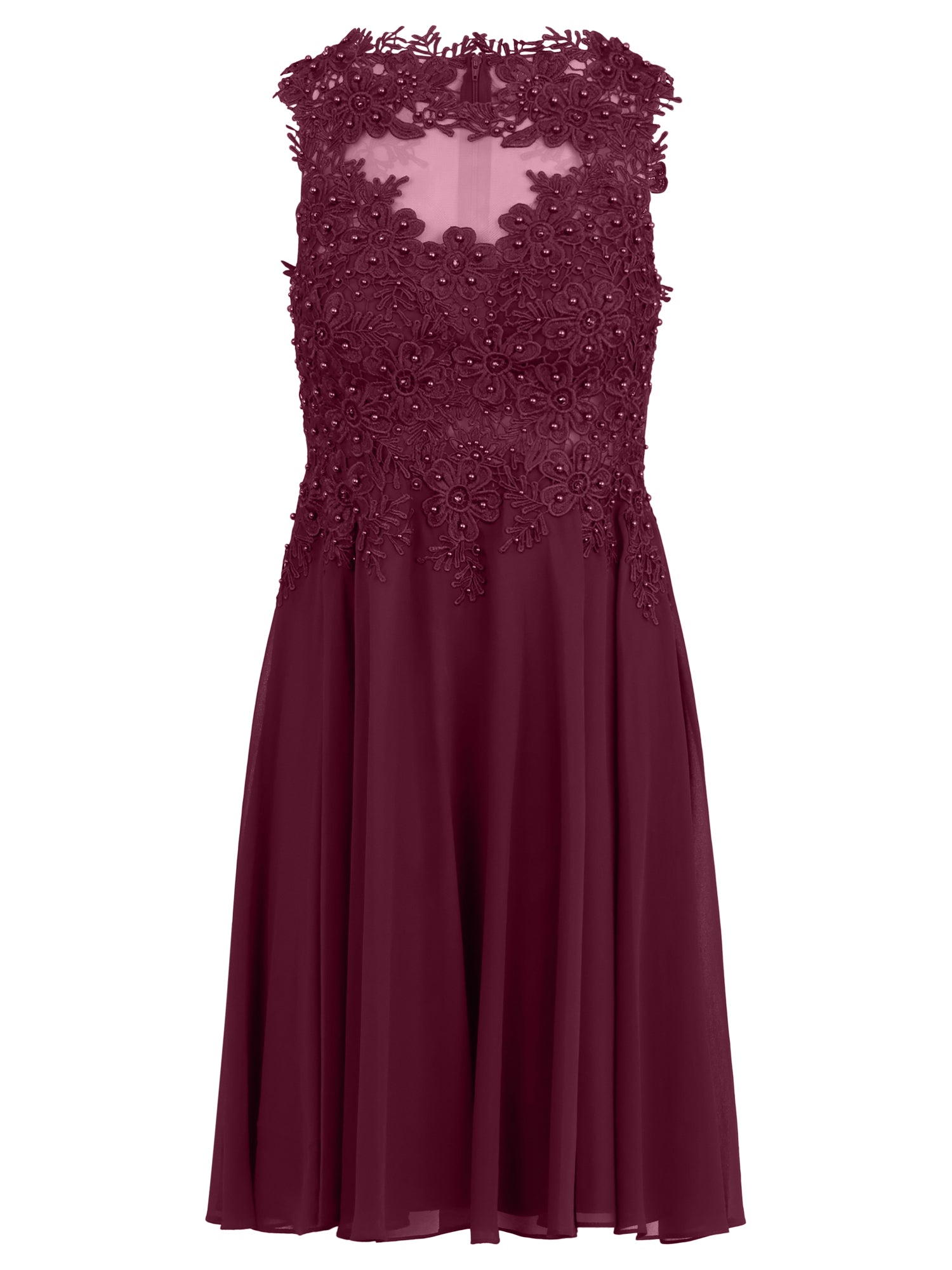 Kleid mit floraler Spitze und Chiffon | merlot