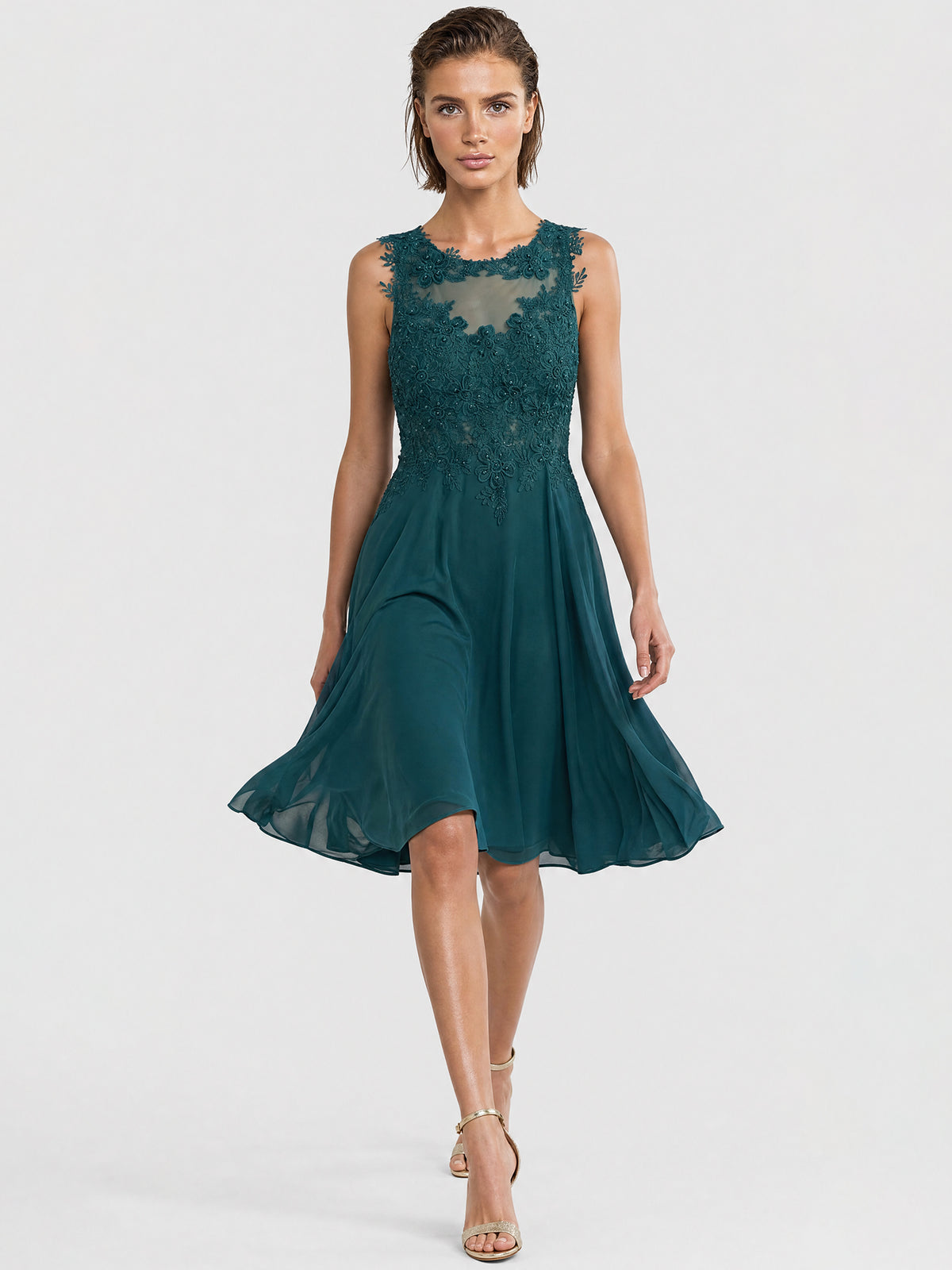 Kleid mit floraler Spitze und Chiffon | emerald