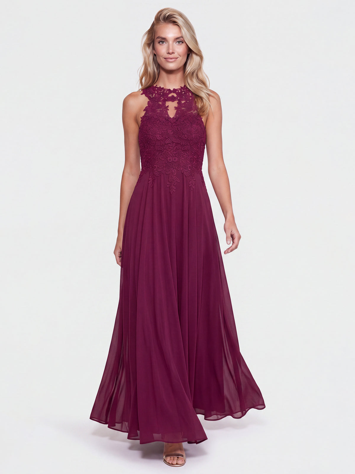 Kleid mit floraler Spitze und Chiffon | merlot