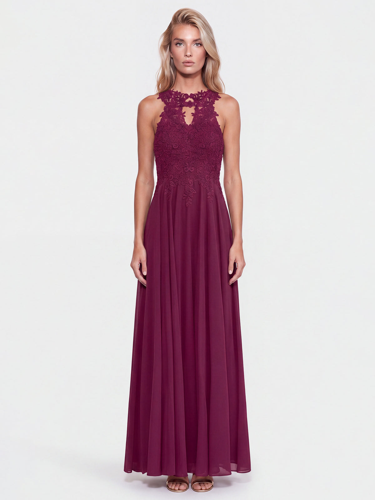 Kleid mit floraler Spitze und Chiffon | merlot