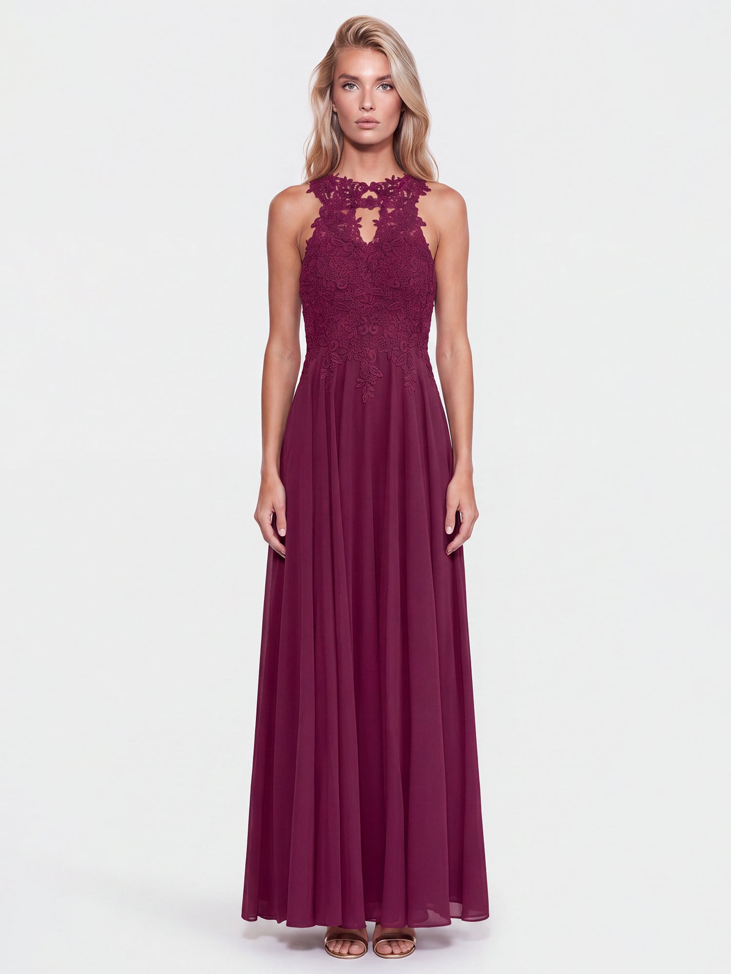 Kleid mit floraler Spitze und Chiffon | merlot