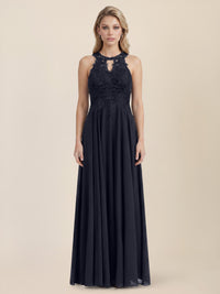 Brautkleid mit floraler Spitze und Chiffon | nachtblau