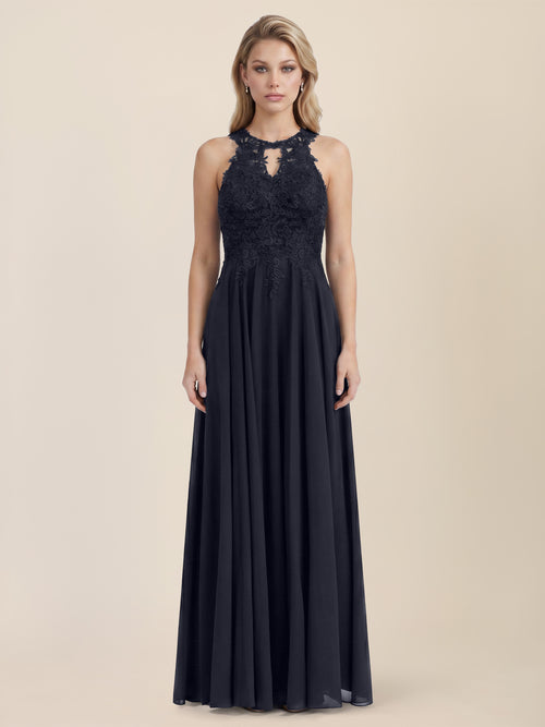 Brautkleid mit floraler Spitze und Chiffon | nachtblau image 1