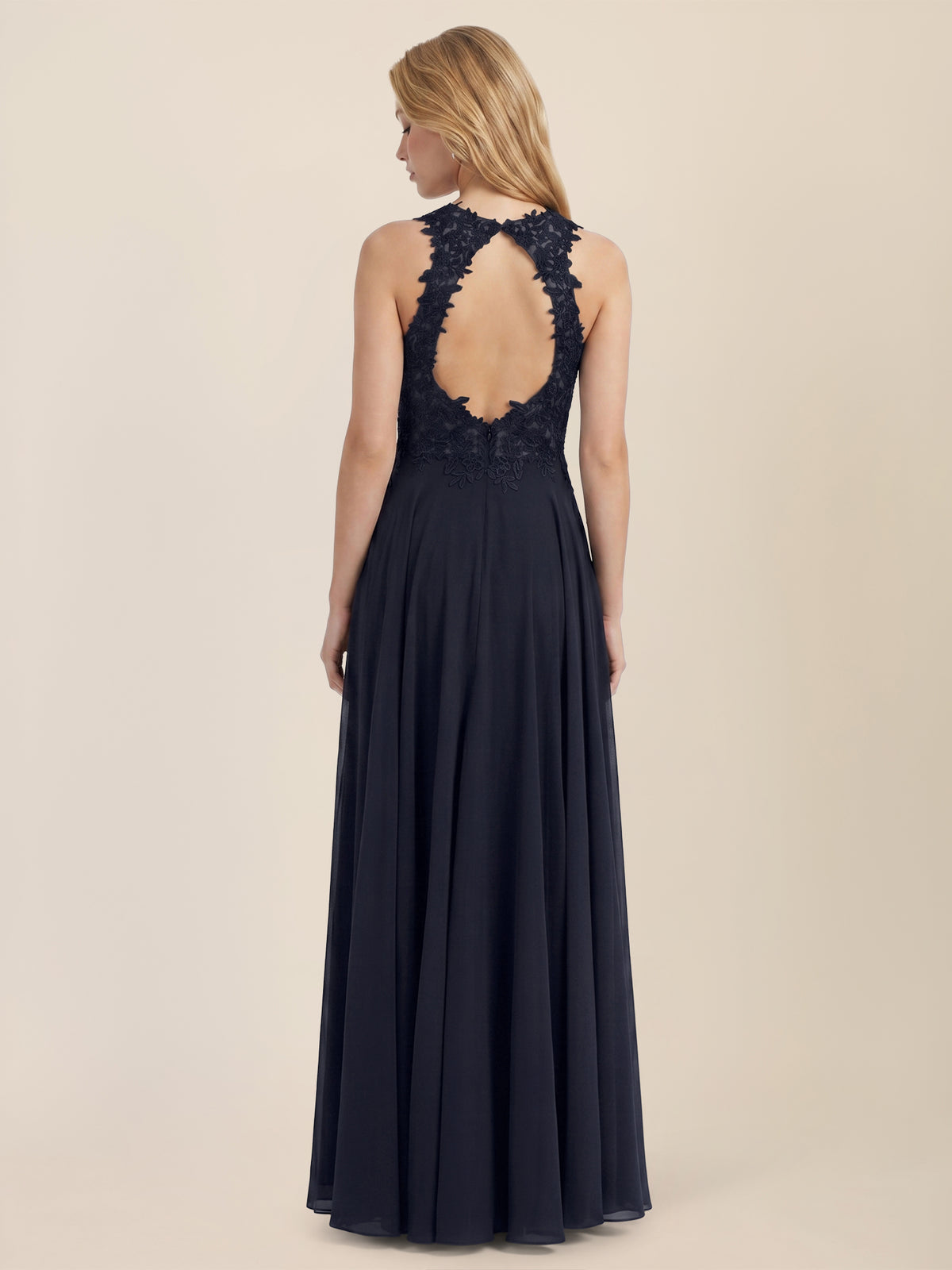 Brautkleid mit floraler Spitze und Chiffon | nachtblau