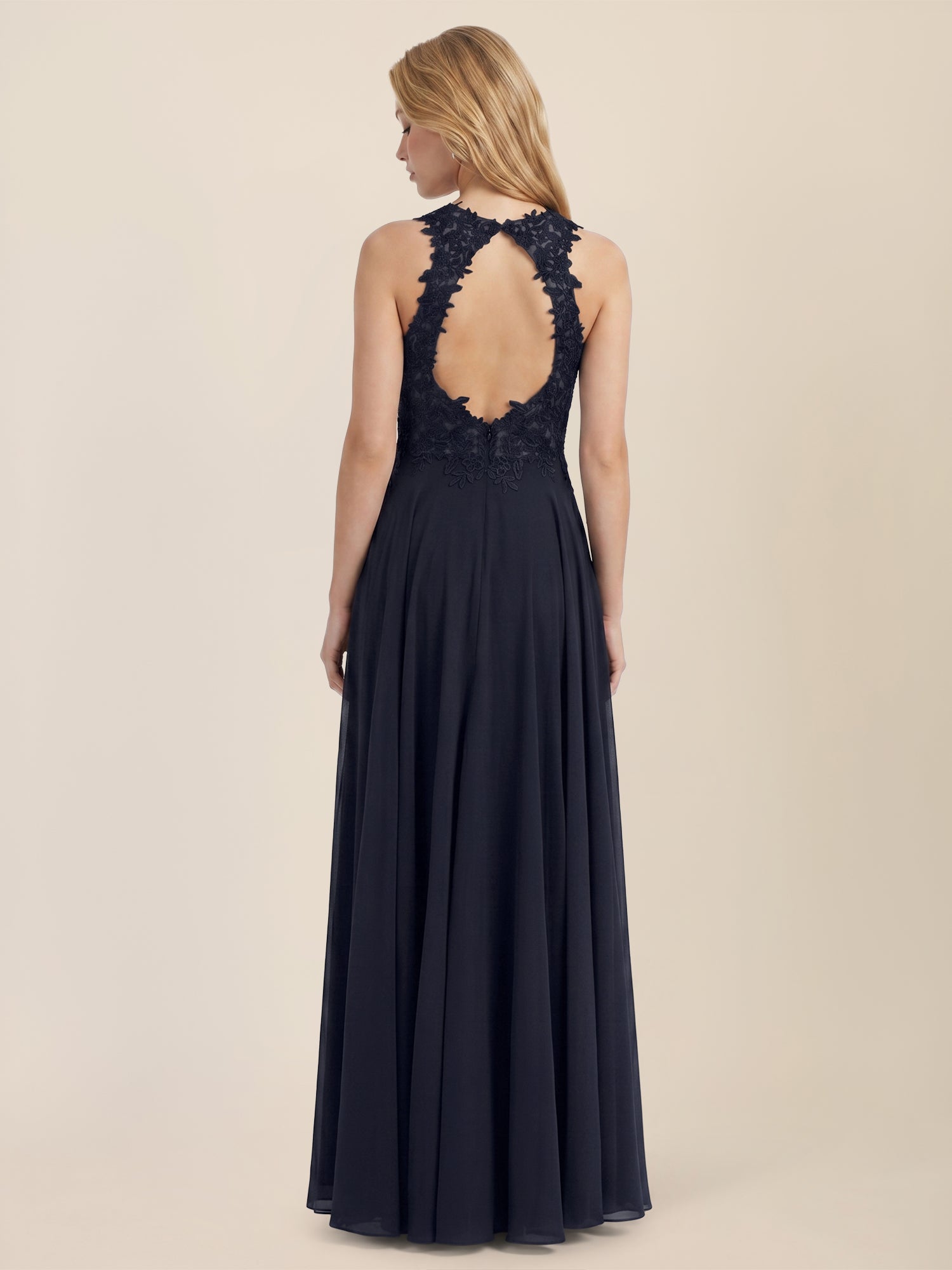 Brautkleid mit floraler Spitze und Chiffon | nachtblau